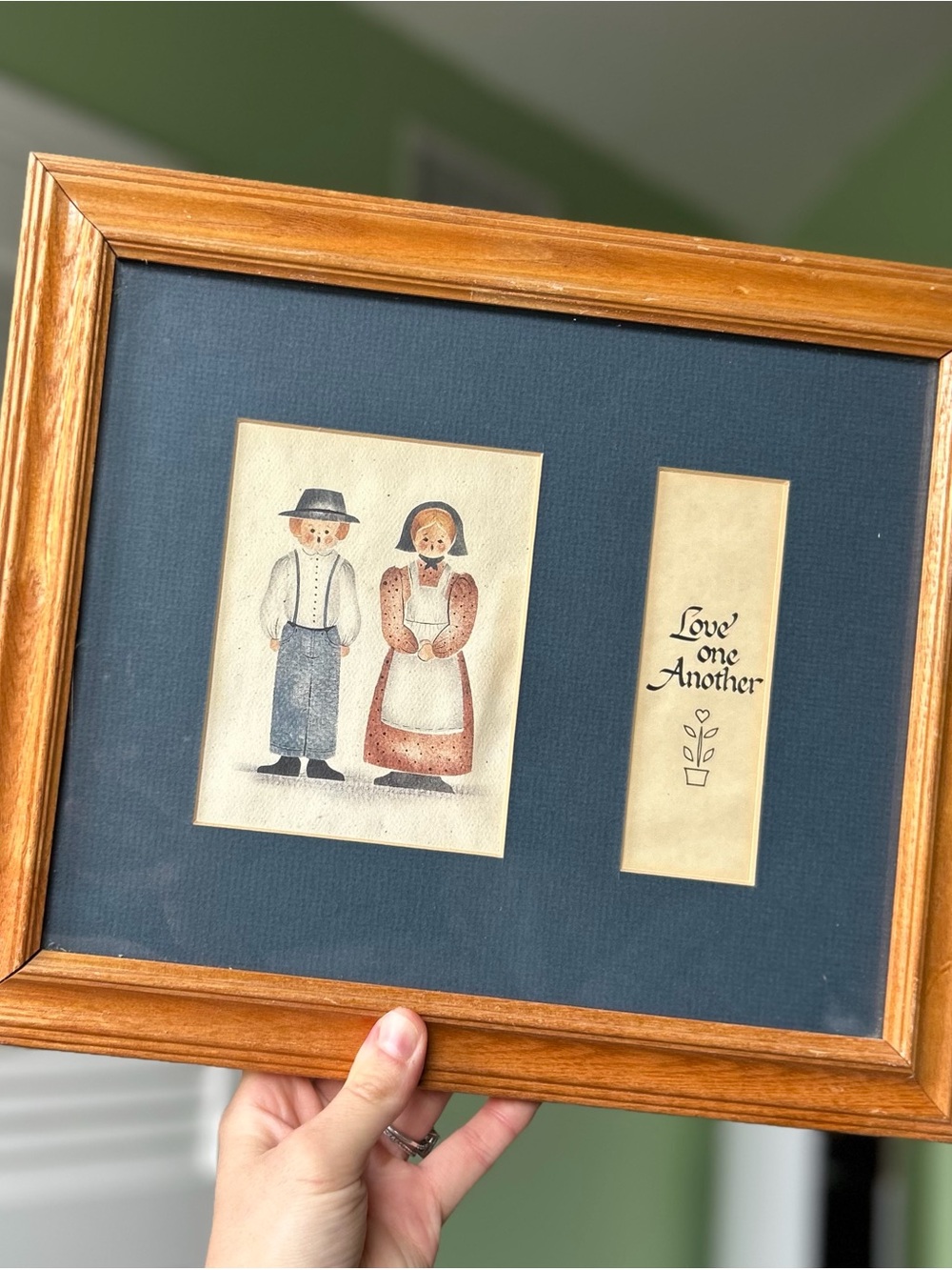 Framed Folk Art Print "Love One Another" - Navy Mat & Oak Frame Vintage Decor